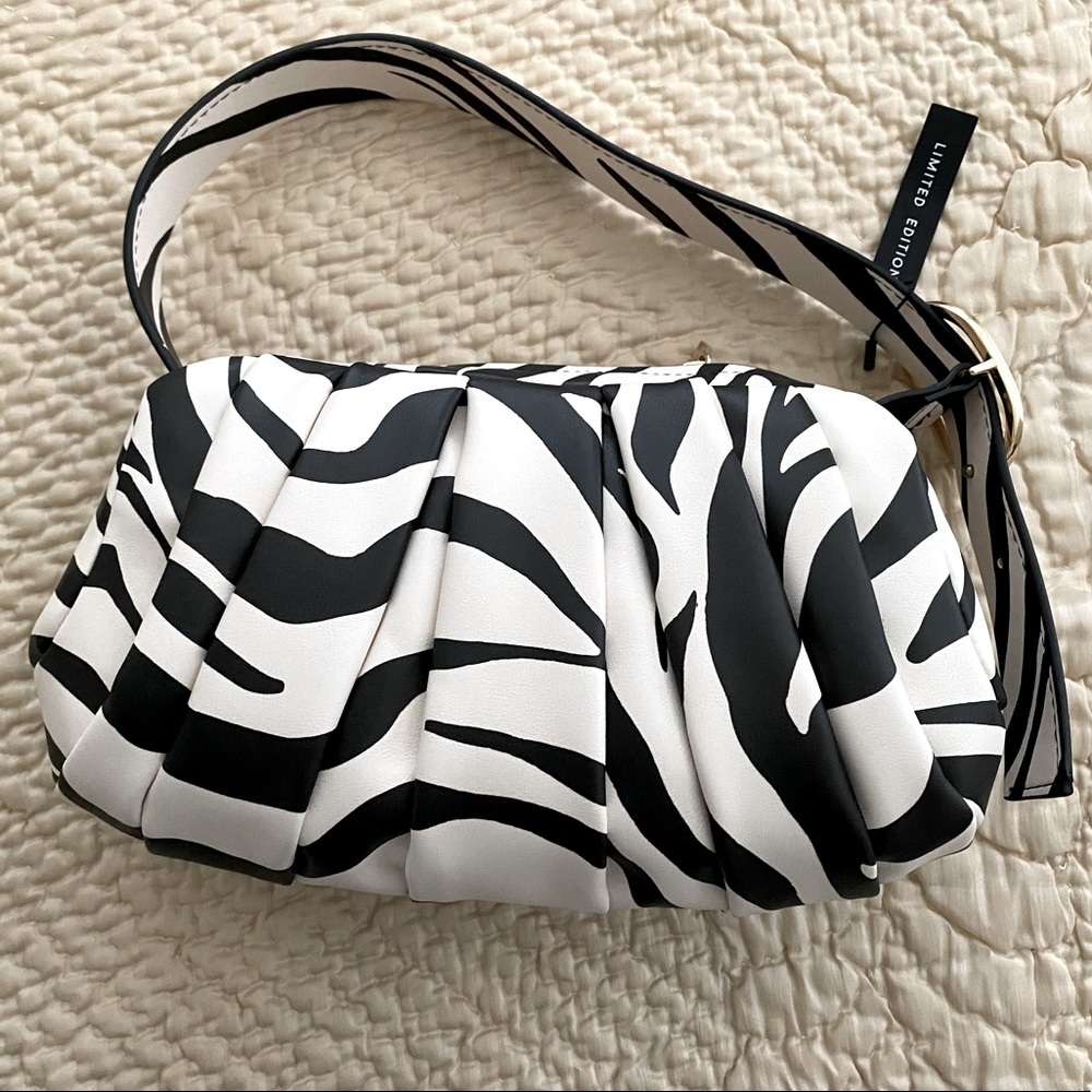 MANGO | Black/white zebra print baguette shoulder bag; NWT